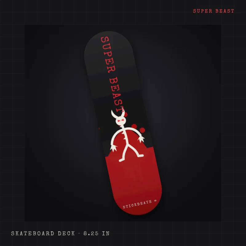 Skateboard deck printed with Super Beast climbing up out of a pool of blood, claws first, under a dripping STICKDEATH logo