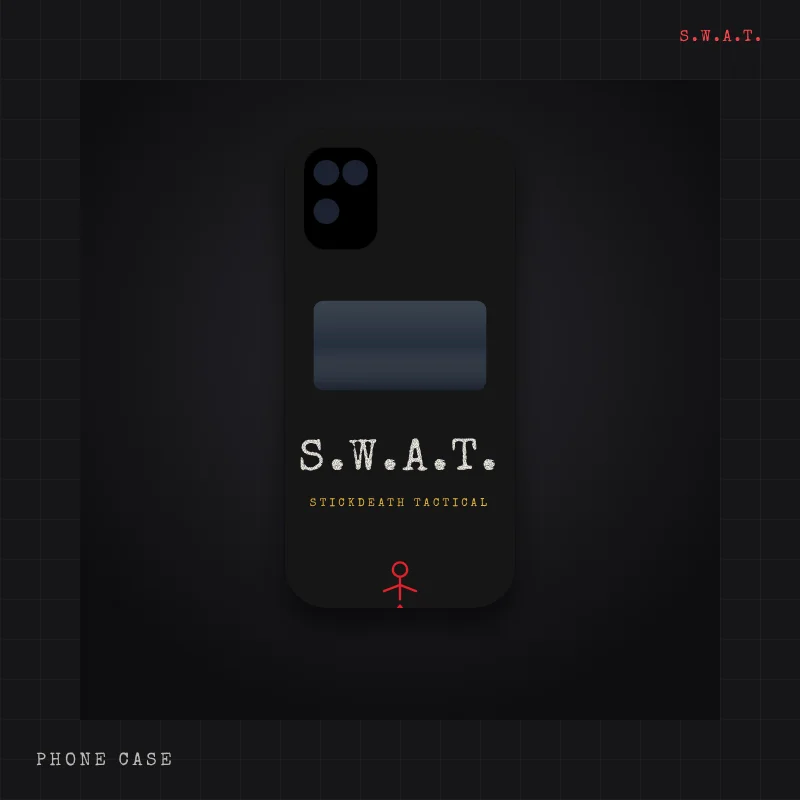 Black phone case styled as a riot shield with a viewport window and S.W.A.T. stencil lettering, with a small stick mark