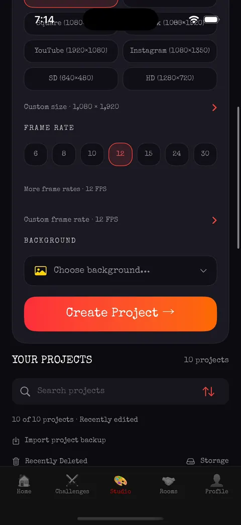 Frame-rate presets, background chooser and Create Project button