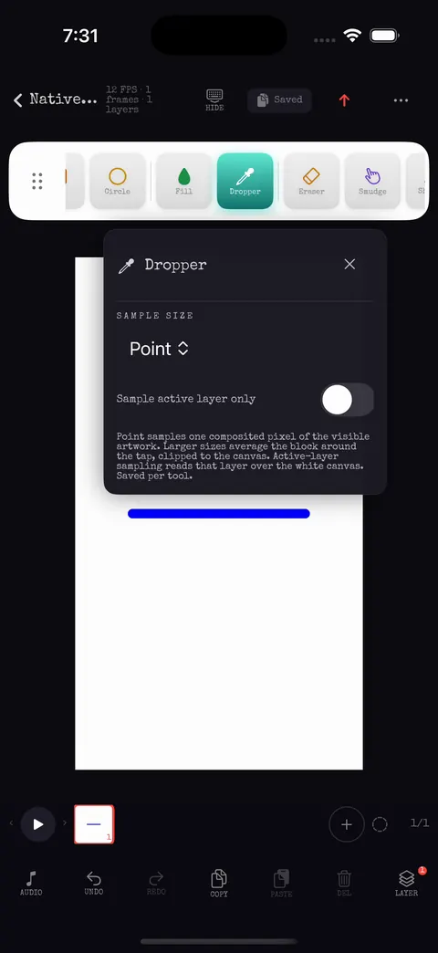 Dropper popup with point sample size and active-layer-only switch