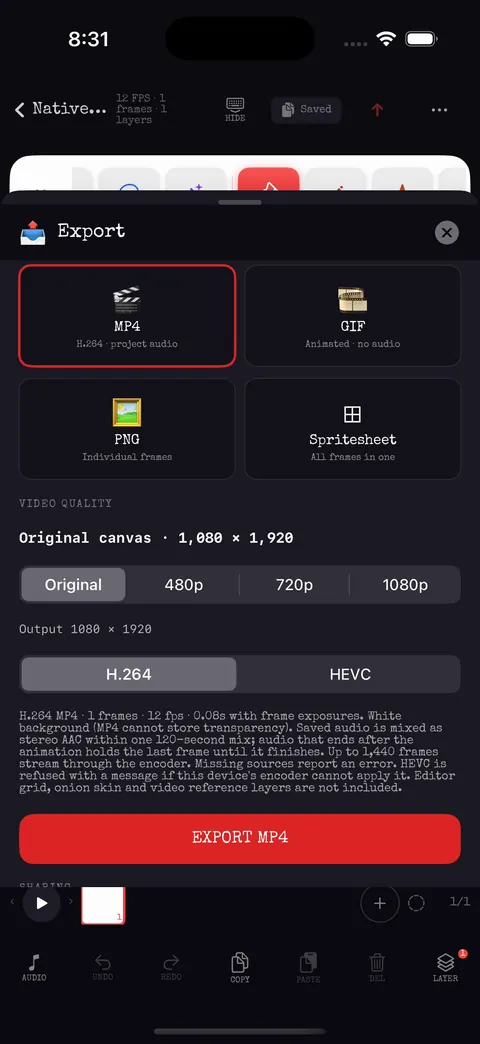 Export panel with MP4, GIF, PNG and spritesheet, size presets and codec choice