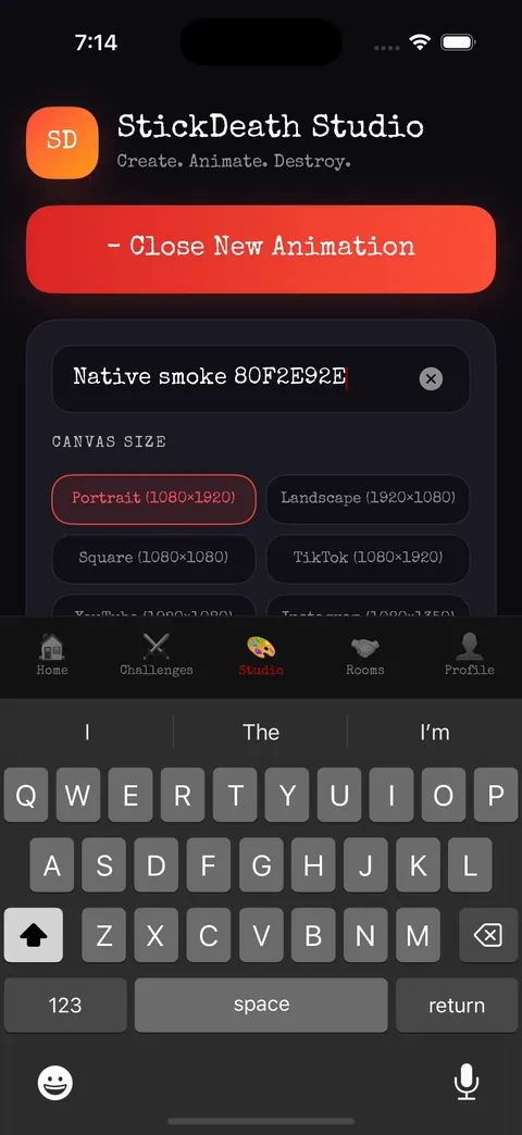 New Animation card with name field and canvas-size presets
