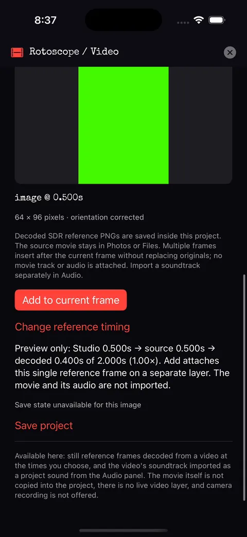 Rotoscope and Video panel with a decoded reference still and Add to current frame