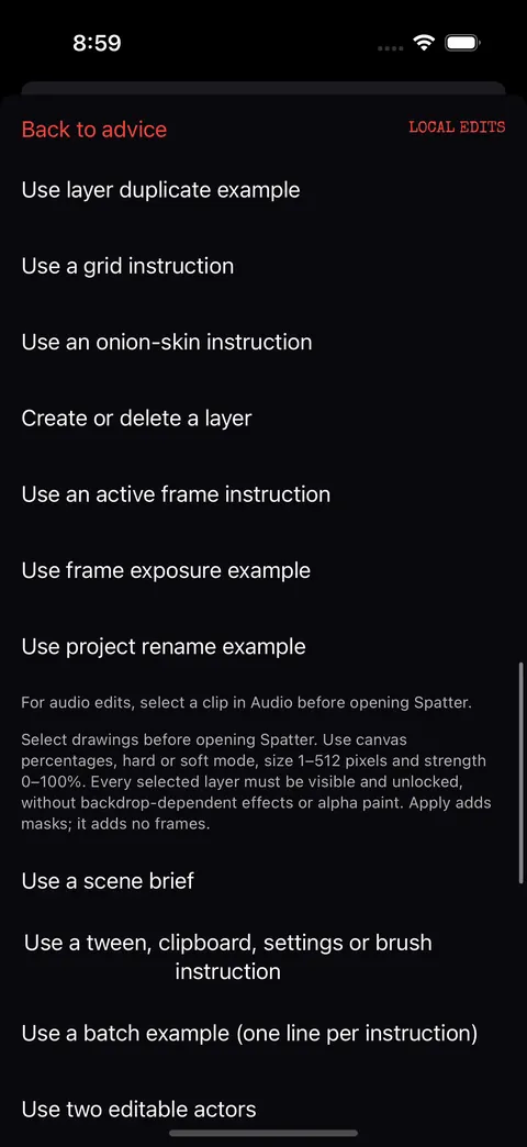 Spatter advice list with instruction examples and an Apply local edit button