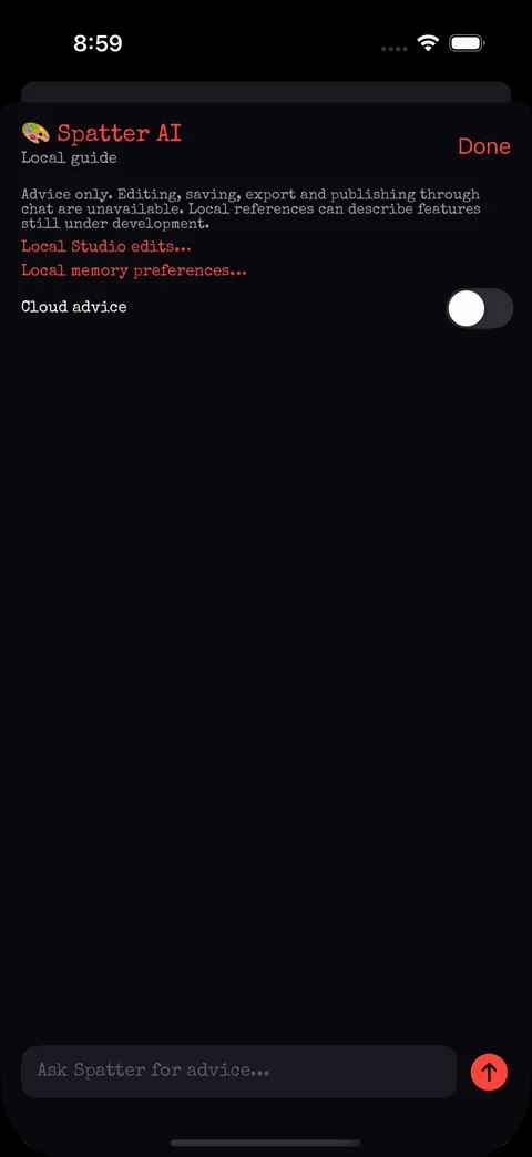 Spatter AI panel in local-guide mode with cloud advice off